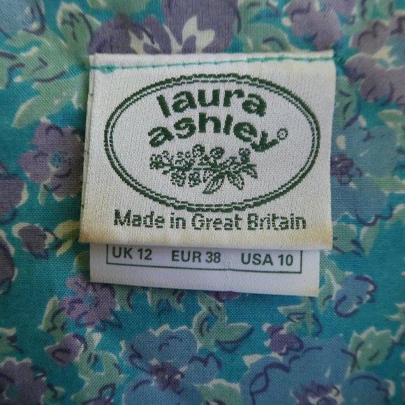 Laura Ashley Vintage Midi Blue Purple Floral Pleated Full Skirt Puff Sleeve Zip - Picture 9 of 11